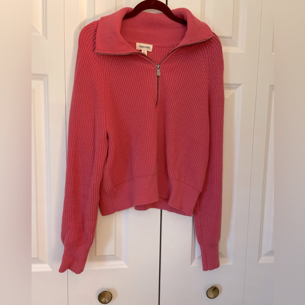 Open Edit Pink Quarter Zip Sweater Medium Ribbed Knit Pullover Cozy